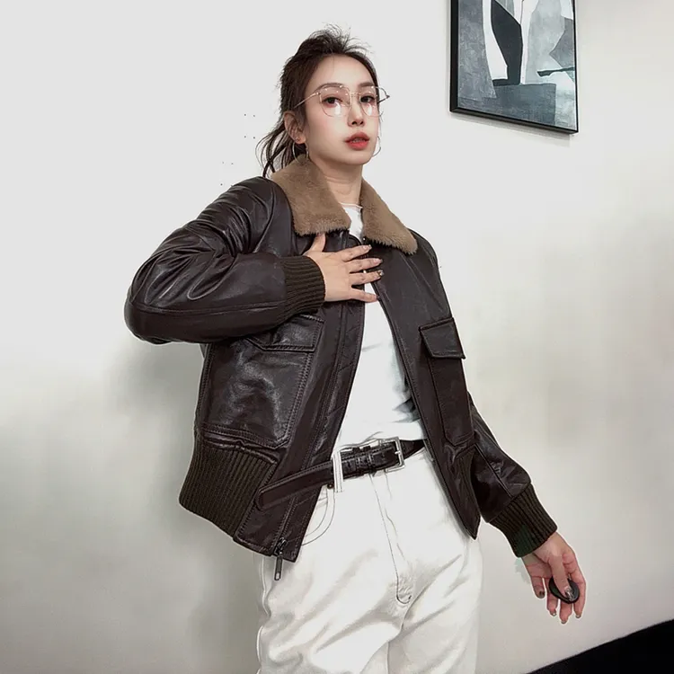 2025冬季新款夹棉绵羊皮设计感真皮水貂领复古皮衣时尚款外套女潮