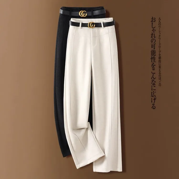 醋酸羊毛窄版阔腿裤女2025秋冬季新款松紧高腰休闲羊毛呢直筒裤子