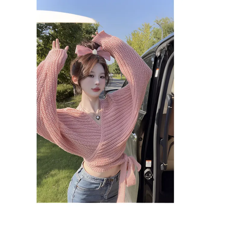 设计感不规则交叉绑带收腰显瘦毛衣针织衫女秋别致灯笼袖卡腰上衣