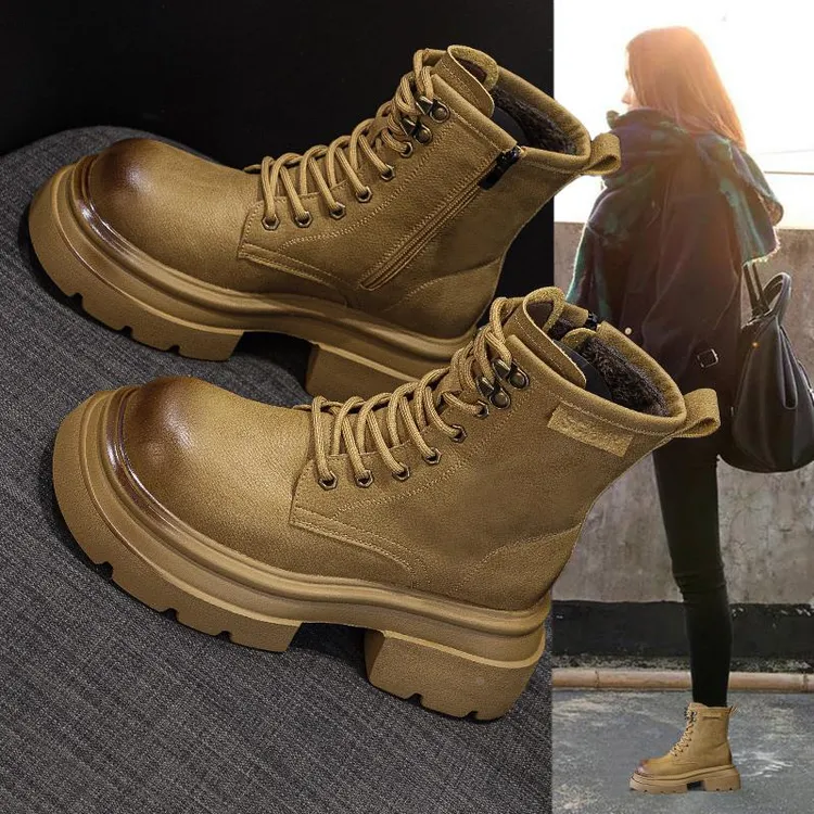 万达撤柜头层牛皮黄色复古马丁靴女2025秋款英伦风中筒真软皮大黄