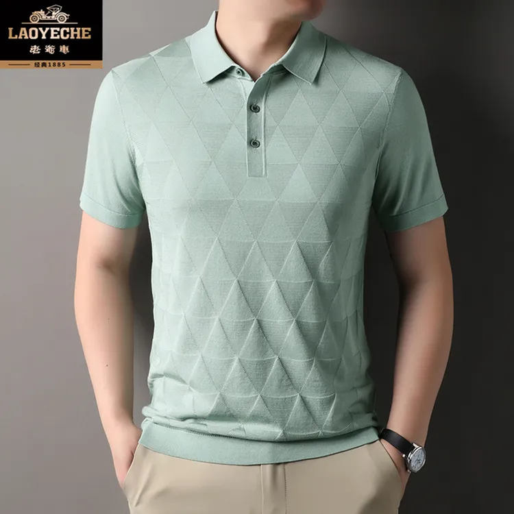 老爷车男士针织短袖T恤夏季薄款高档休闲纯色提花半袖Polo领上衣