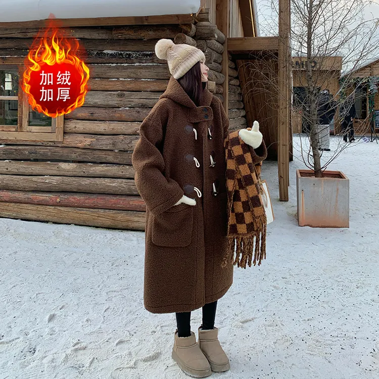 胖MM冬季新款韩版洋气百搭宽松显瘦加绒加厚连帽中长款大衣外套女