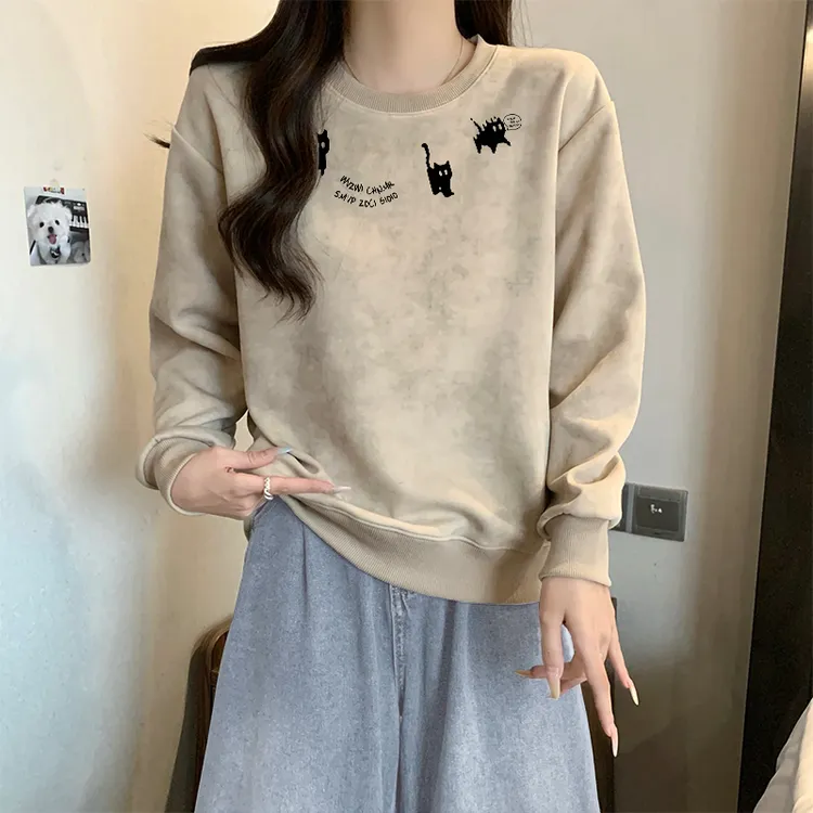 美式扎染圆领卫衣女2025新款爆款宽松休闲上衣加绒加厚外穿秋冬季