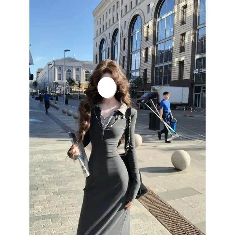 MARIE.COCO秋季新款polo领假两件长袖收腰连衣裙女绝美气质长裙子