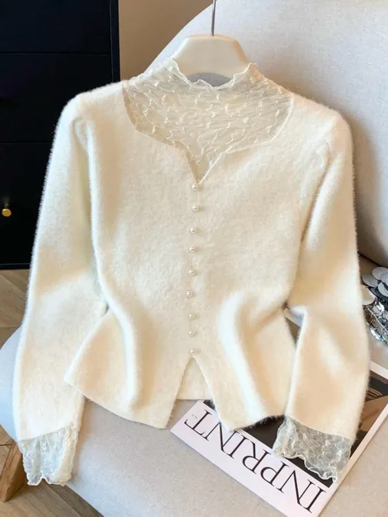 水貂毛假两件叠穿蕾丝针织衫女秋冬洋气钉珠打底衫高级感白色上衣