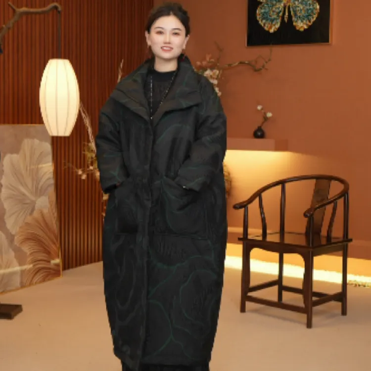 红熹潮〖hxc25061两色〗新款冬季时尚百搭贵气提花洋气宽松长款棉衣