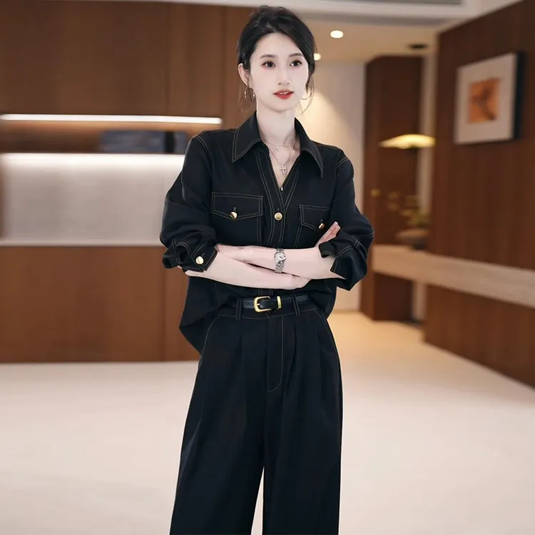 【现货】官图 秋季复古轻奢黑色显瘦翻领衬衫高腰阔腿裤套装