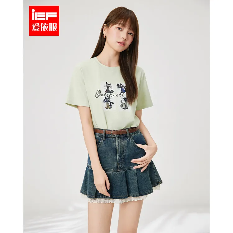 IEF/爱依服短袖上衣2025夏季新款韩版猫咪通勤休闲T恤女流光风