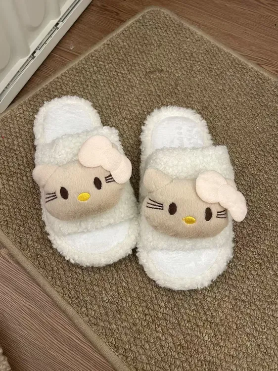 【皮卡】冬季加厚棉拖女糯叽叽kt猫防滑卡通室内外羊羔毛一字拖鞋