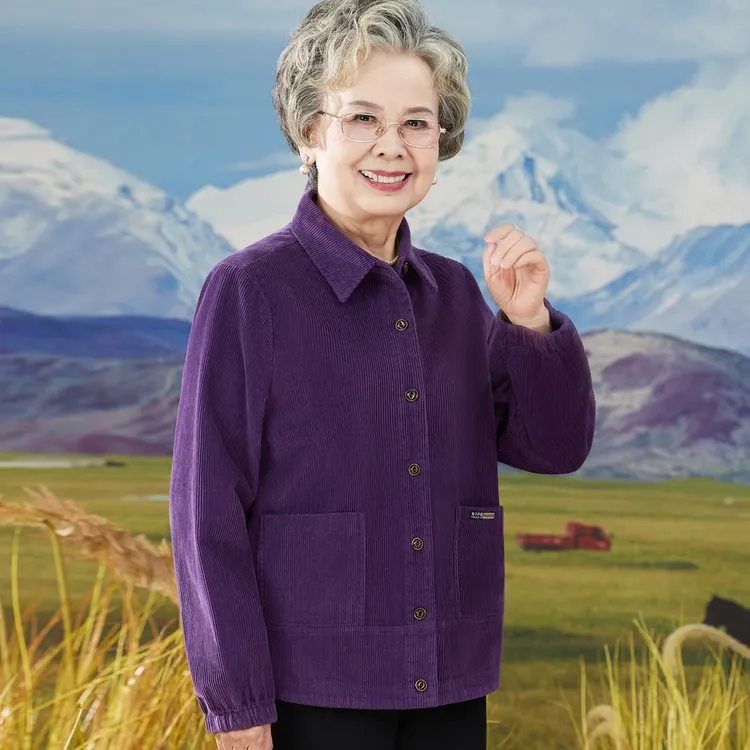 中老年春秋长袖衬衫女100%纯棉灯芯绒妈妈秋装老太太服装老人衣服