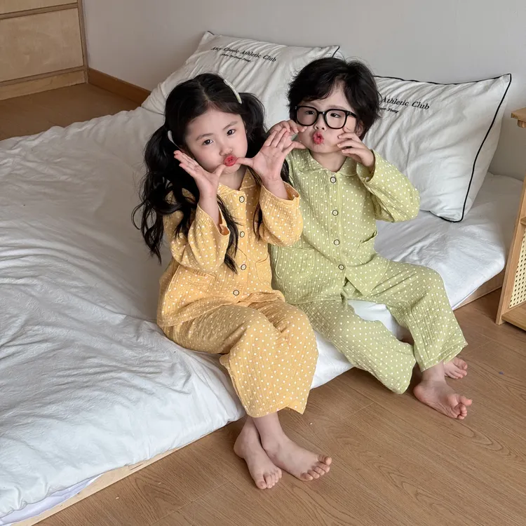 【糖果色】儿童纱布睡衣春秋简约纯棉波点两件套男女长袖家居服套装