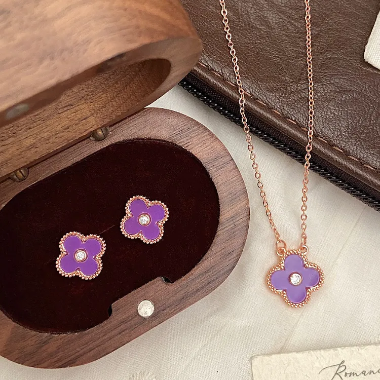 铜合金耳饰 紫罗兰四叶草玫瑰金吊坠项链耳钉套装女高级感夏季