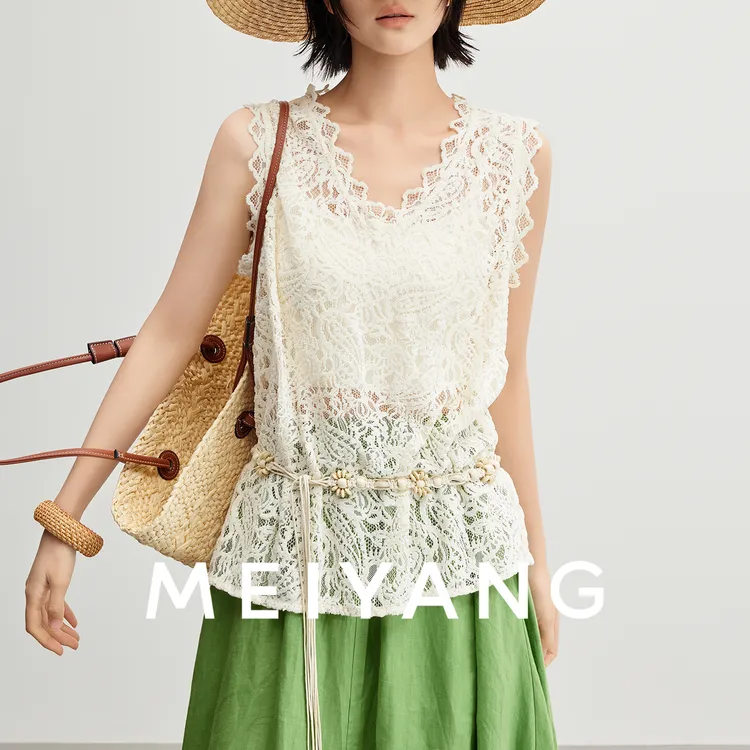 A美洋MEIYANG商场同款夏季腰果花背心休闲雪尼尔花边V领宽松无袖