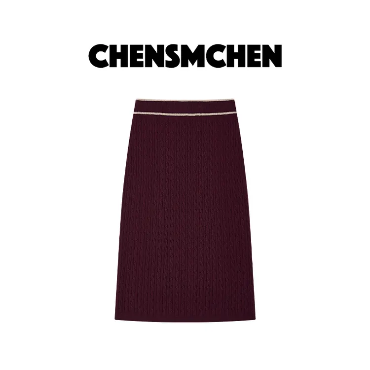 CHENSMCHEN 100山羊绒半身裙秋冬复古优雅显瘦针织长裙CSQ7489QQ