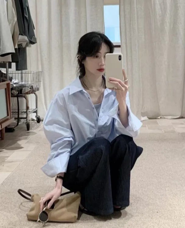 2025早春新款韩系蓝色高级感通勤衬衫女小个子衬衣百搭直筒裤套装