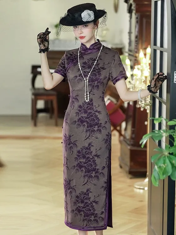 8672-改良旗袍2025夏季新款长款中年女妈妈气质优雅礼服复古民国