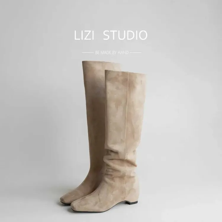 真皮小个子高筒靴5cm极简百搭藏肉超显直内增高绒面法式及膝靴