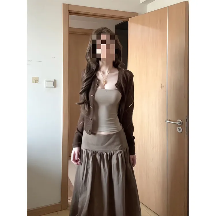 复古美拉德风时尚辣妹纯欲长袖针织开衫女装秋季新款显瘦半身裙
