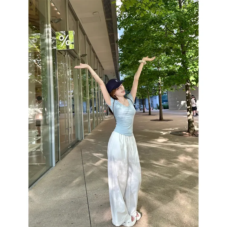 夏日简约时尚修身显瘦T恤上衣女2025新款高腰休闲宽松垂感阔腿裤