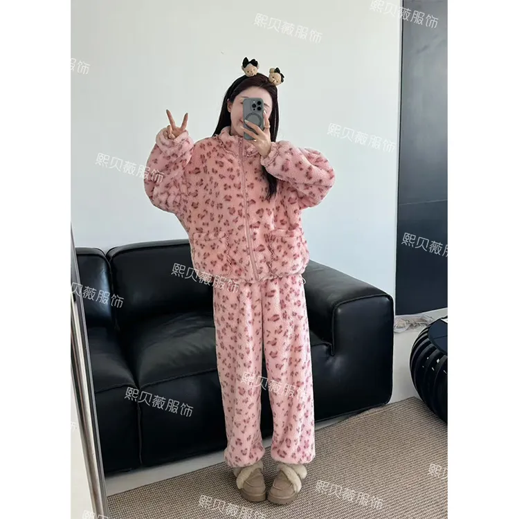 熙贝薇 双面绒豹纹蕾丝花边外套+松紧腰裤子家居服套装 G5813