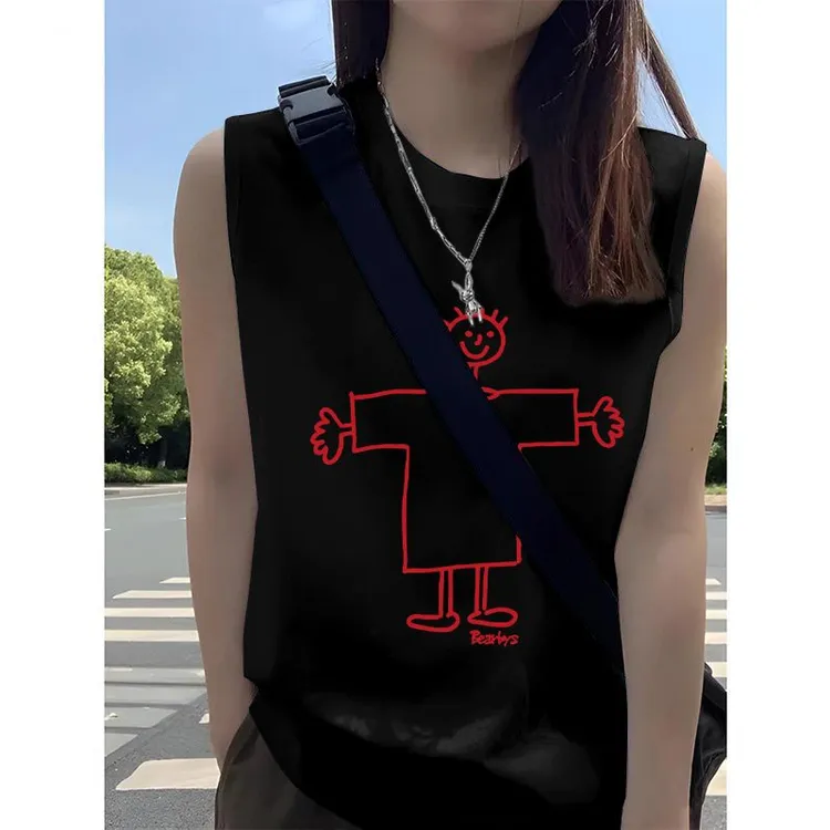 新款纯棉百搭美式字母印花宽松坎肩背心黑色夏季通勤无袖T恤上衣