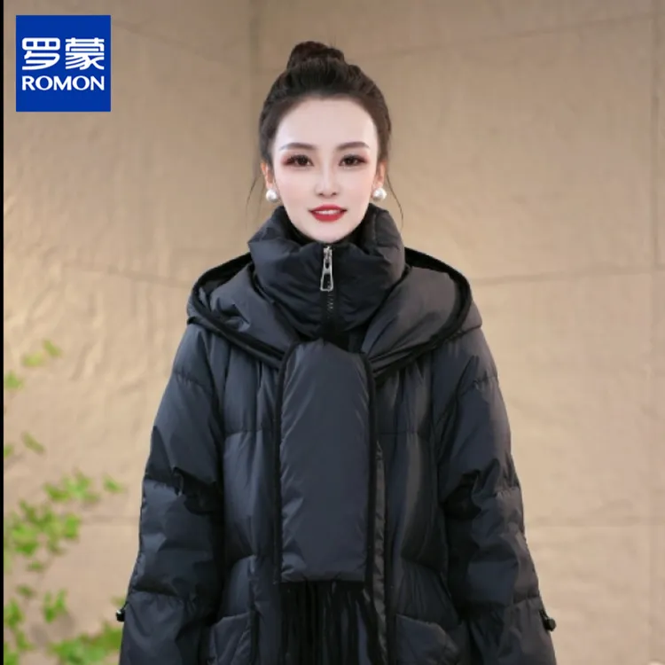 罗蒙年轻妈妈冬季新款高档设计感围巾连帽优雅百搭白鸭绒羽绒服女