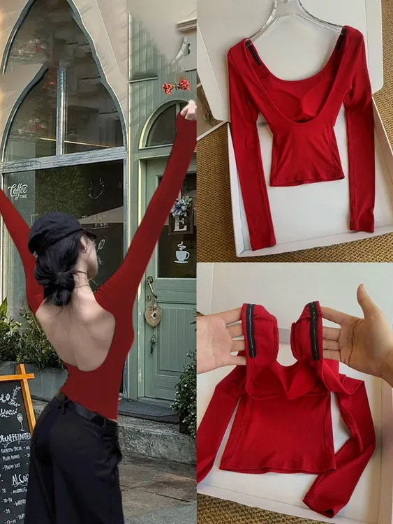 安可拉红露背辣妹带胸垫长袖T恤女2025新款性感修身显瘦百搭上衣
