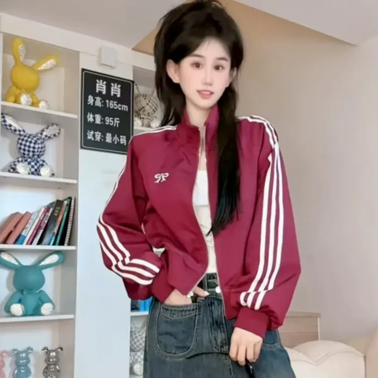 设计感立领百搭蝴蝶上衣秋季女短款休闲运动条纹极简风短外套