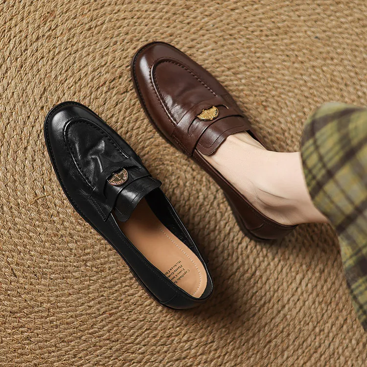 里外纯皮～头层牛皮2cm复古圆头单鞋舒适一脚蹬乐福鞋舒适女春秋英