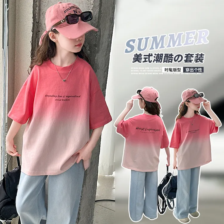 女童夏季2025新款渐变短袖T恤套装时髦牛仔阔腿长裤中大童两件套