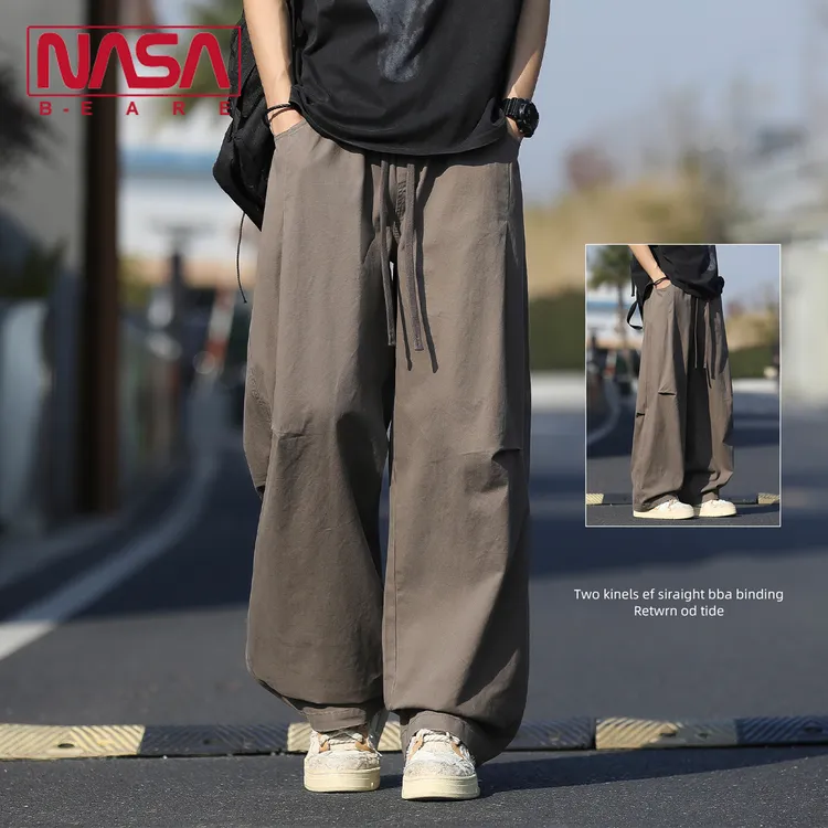 NASA联名美式纯棉褶皱休闲裤男士2026夏季新款宽松阔腿工装长裤子