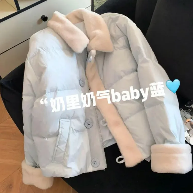 洋气蓝色拼接翻领棉服外套女2025冬季韩系时尚独特超好看小棉袄