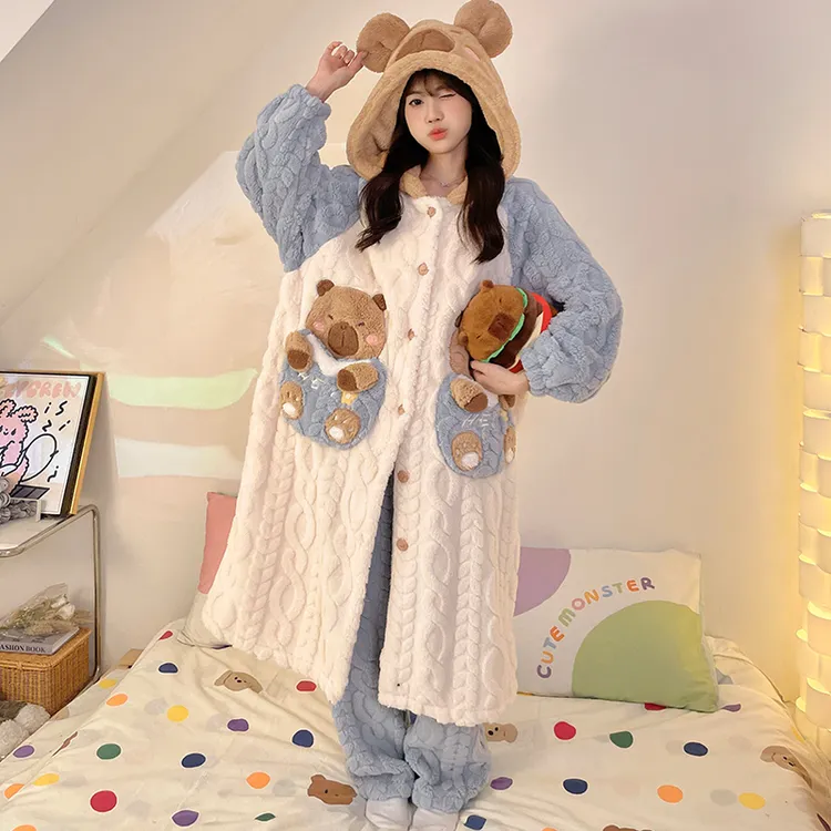 加绒冬季中长裙睡袍套装睡衣青少年家居服套装冬天