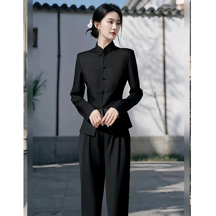 新中式国风黑色套装裤2025春季新款气质时尚百搭唐装上衣两件套女