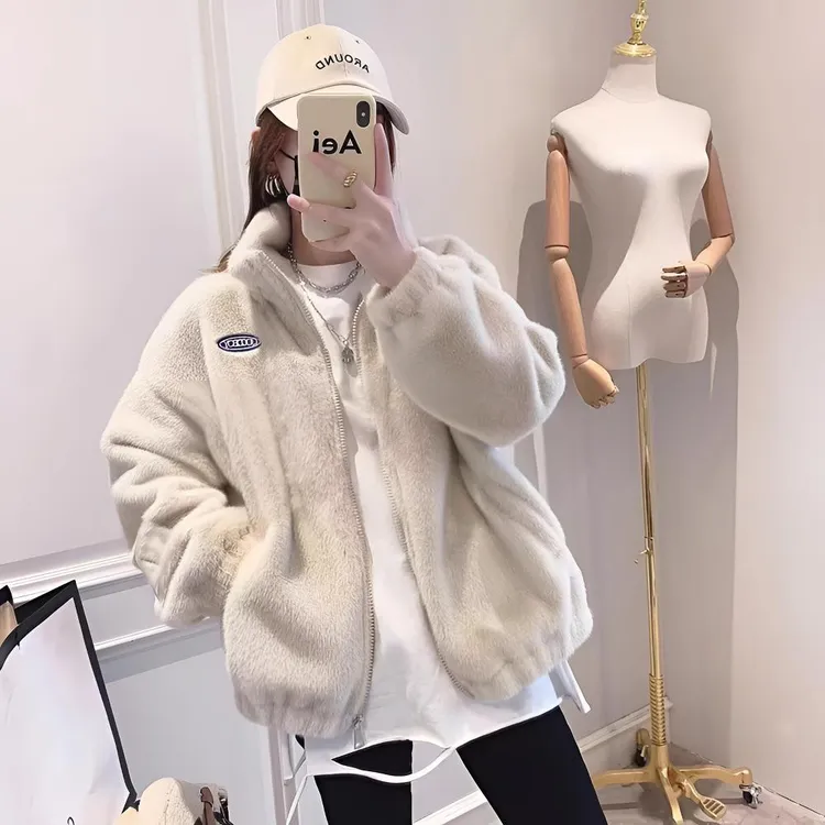 2025韩版立领新款加厚毛毛外套毛绒绒外套加绒保暖棉服女秋冬宽松