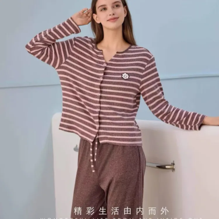 皇子精选|女士丽彩绒色织条开襟家居服