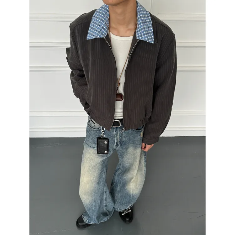 CZ2简约假两件格纹拼接男女条纹翻领可拆短宽夹克外套上衣