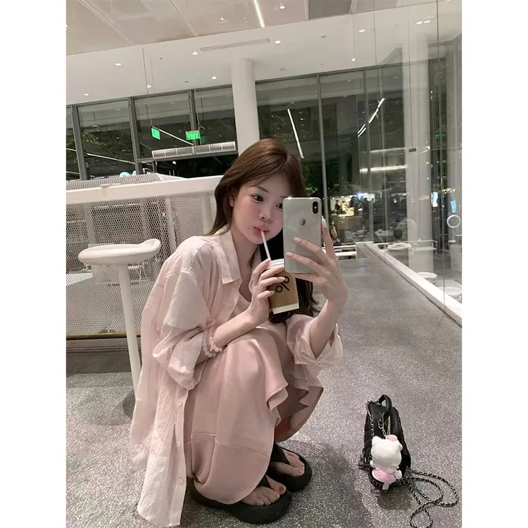 韩系夏季2025新款高级感防晒长袖衬衫休闲百搭上衣高腰a字半身裙