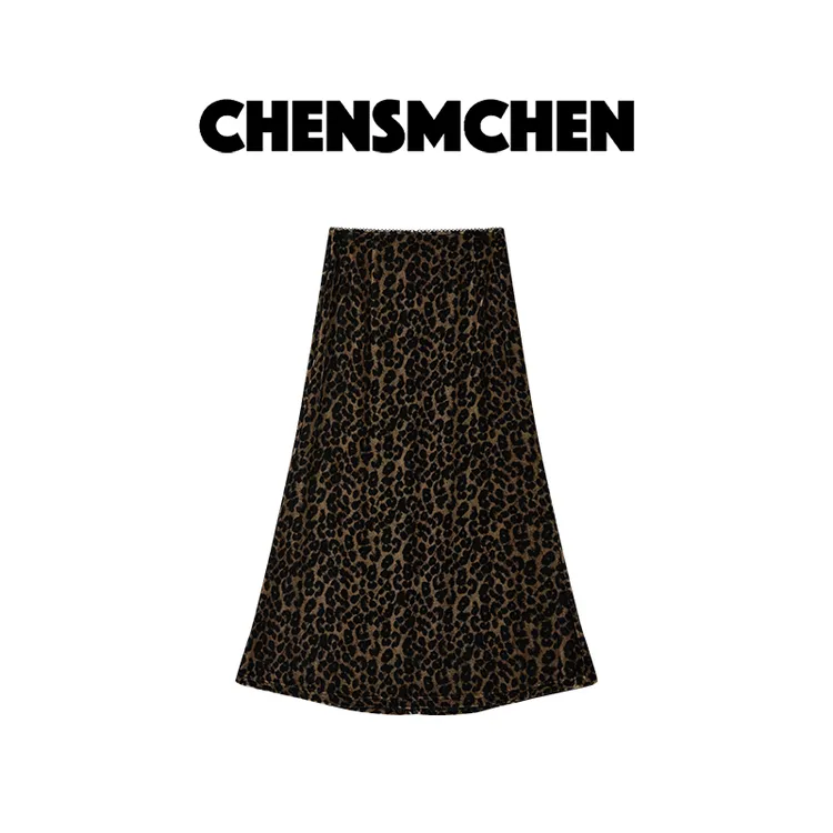 CHENSMCHEN 100%桑蚕丝豹纹半身裙女秋冬显瘦丝绒长裙CSEQ8152WL