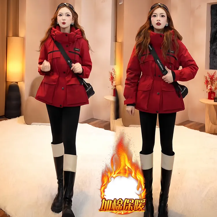 时尚工装派克棉服女2025新款秋冬中长款收腰显瘦连帽保暖冲锋外套