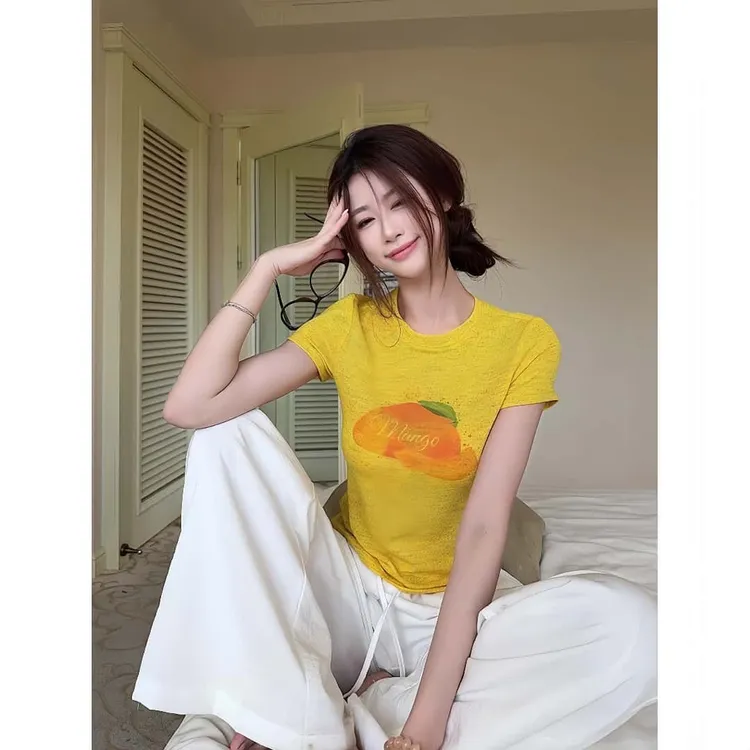纯欲印花短袖T恤2025夏季新款小众设计感修身显瘦复古短款上衣女