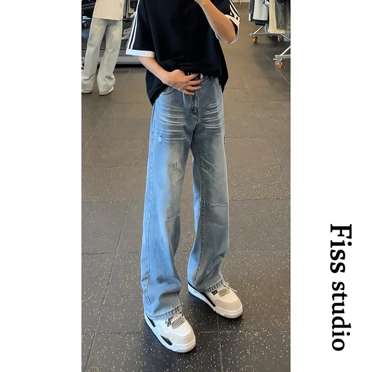 美式街头复古vintage小众简约牛仔裤男水洗宽松拖地破洞牛仔裤