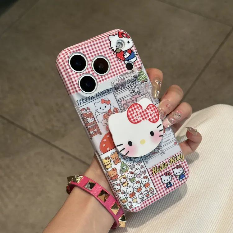 欧克里里红格纹拼接猫咪适用苹果17/16手机壳华为P70oppo小米vivo