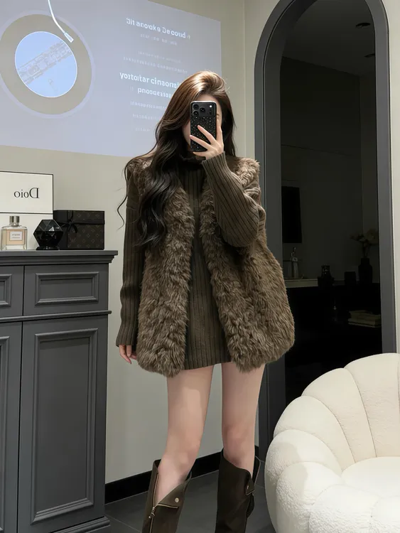 秋冬一整套穿搭韩系高级感美拉德棕色马甲叠穿针织衫毛衣两件套女