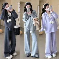 孕妇套装秋冬2025新款孕期穿搭紫色慵懒风潮妈针织毛衣裤子两件套