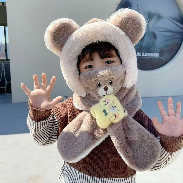 冬季儿童加厚围巾一体毛绒帽护耳口罩儿童毛绒企鹅帽帽子围脖秋冬