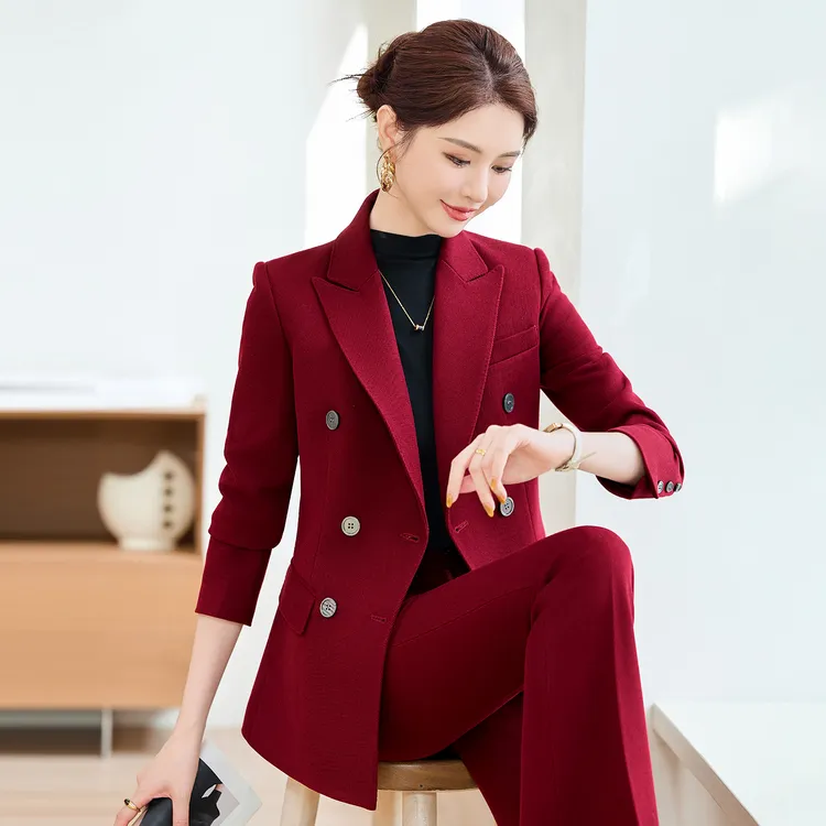 酒红色秋冬正装轻熟双排扣大气干练女士修身时尚礼服干练总裁女装