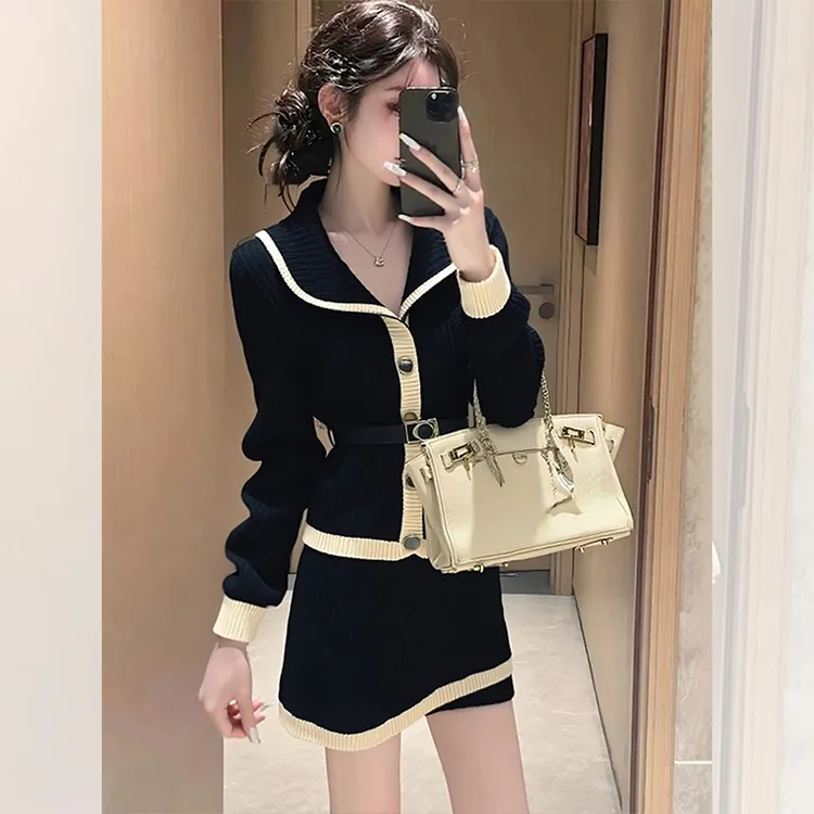 韩系时尚百搭气质衣服网红休闲女装整套针织衫上衣半身裙两件套女