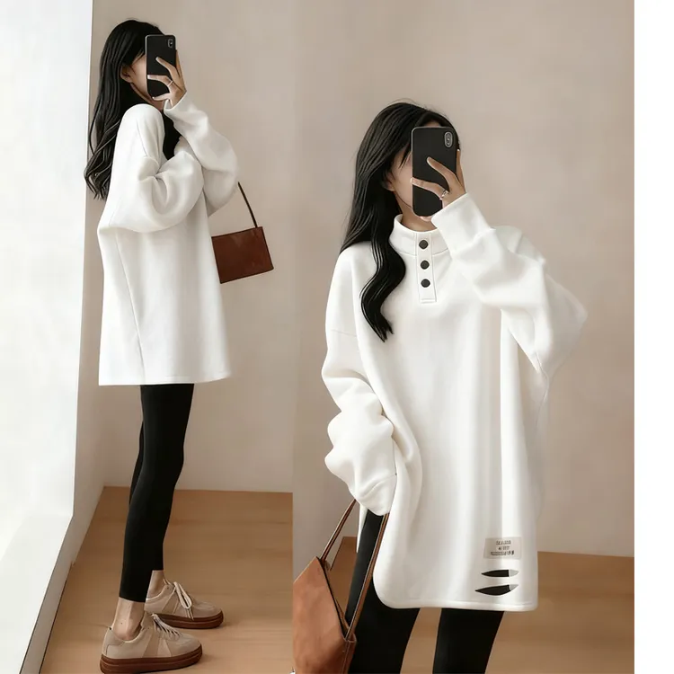 立领纯棉POLO领秋冬加绒显瘦打底中长内搭半高领女长袖t恤破洞潮