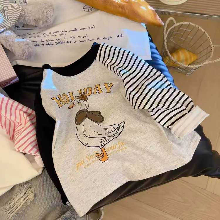 儿童长袖T恤2025春秋款中小童卫衣男童插肩拼接打底衫女童上衣潮